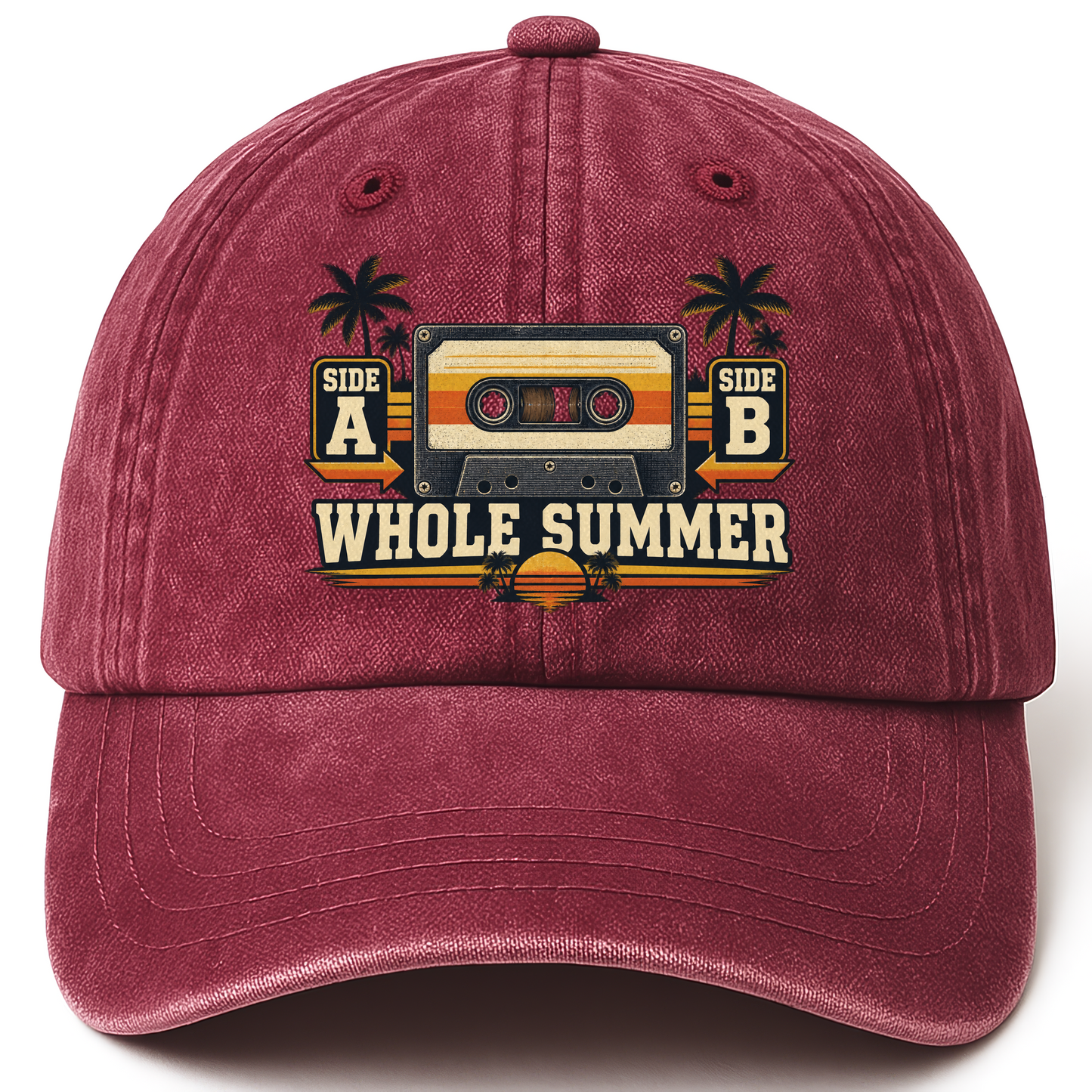 Wine Red vintage washed cap with Side A Side B Whole Summer printed front design