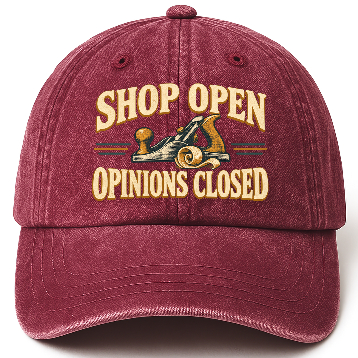 Wine Red vintage washed cap with Shop Open Opinions Closed printed front design