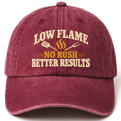 Wine Red vintage washed cap with Low Flame. No Rush Better Results printed front design