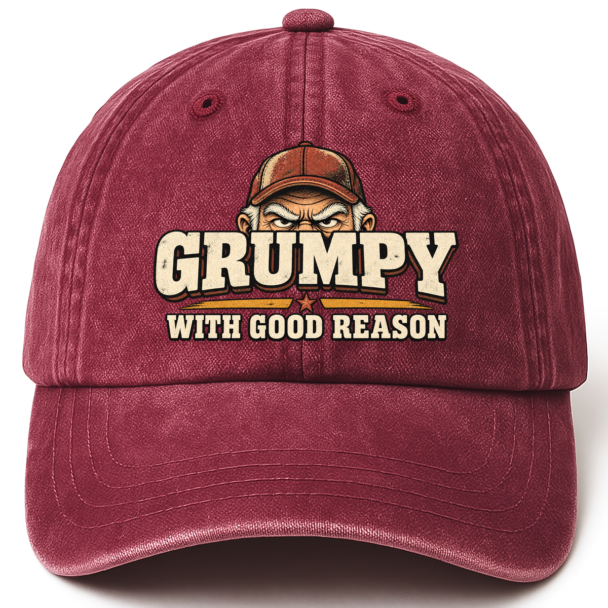 Wine Red vintage washed cap with Grumpy With Good Reason printed front design