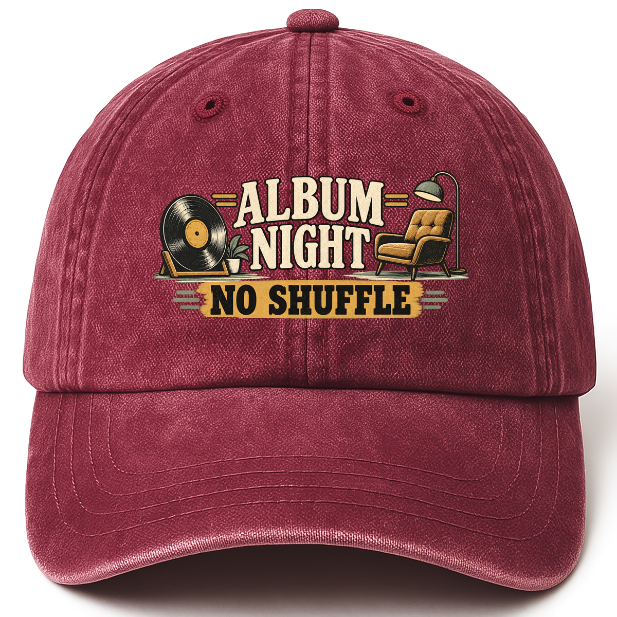 Wine Red vintage washed cap with Album Night. No Shuffle printed front design