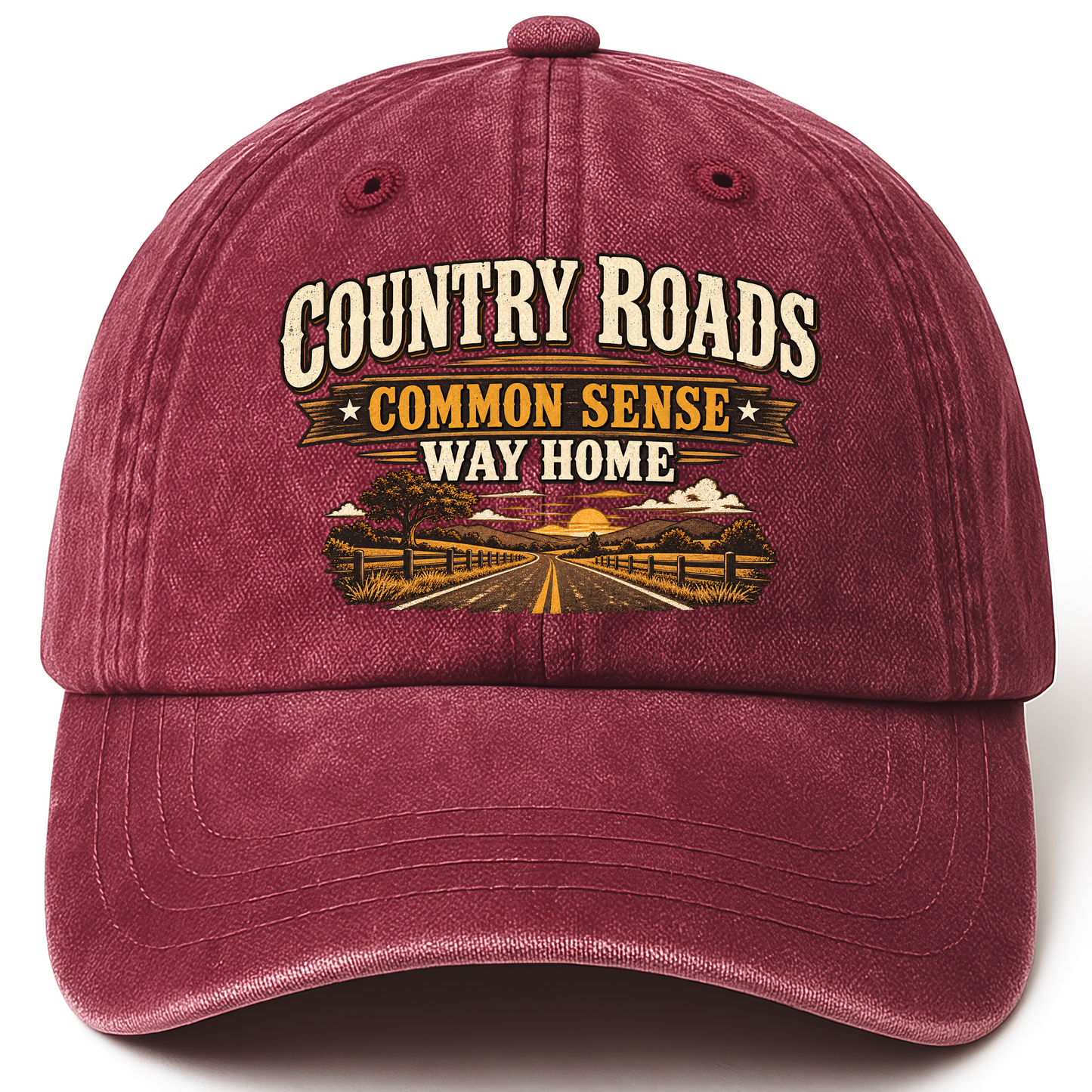Wine Red vintage washed cap with Country Roads. Common Sense Way Home printed front design