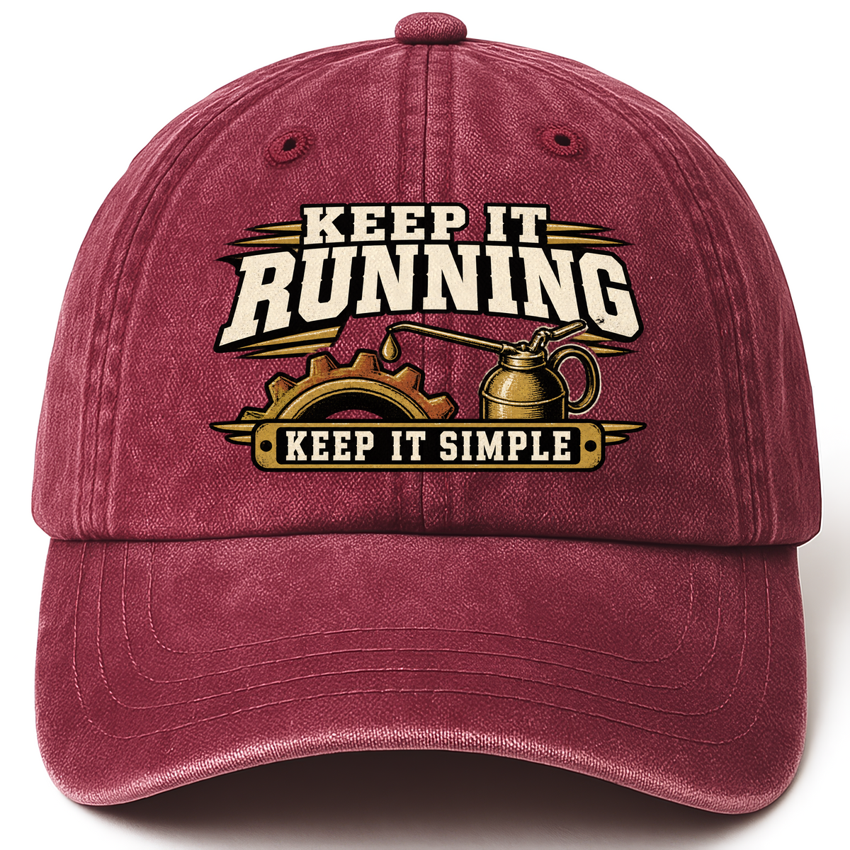 Wine Red vintage washed cap with Keep It Running. Keep It Simple printed front design