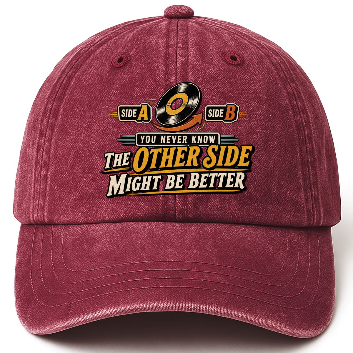 Wine Red vintage washed cap with you never know the other side horizontal ideogram 4x printed front design