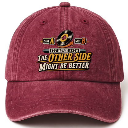 Wine Red vintage washed cap with you never know the other side horizontal ideogram 4x printed front design