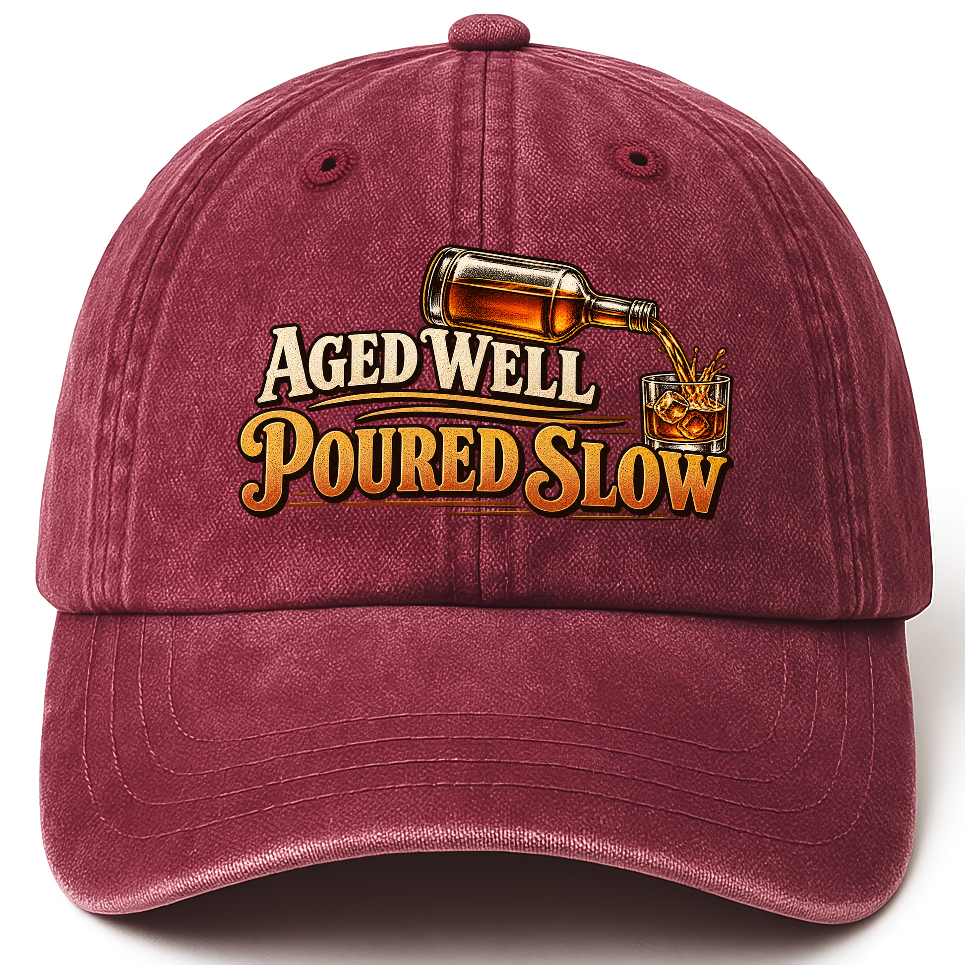 Wine Red vintage washed cap with Aged Well. Poured Slow printed front design