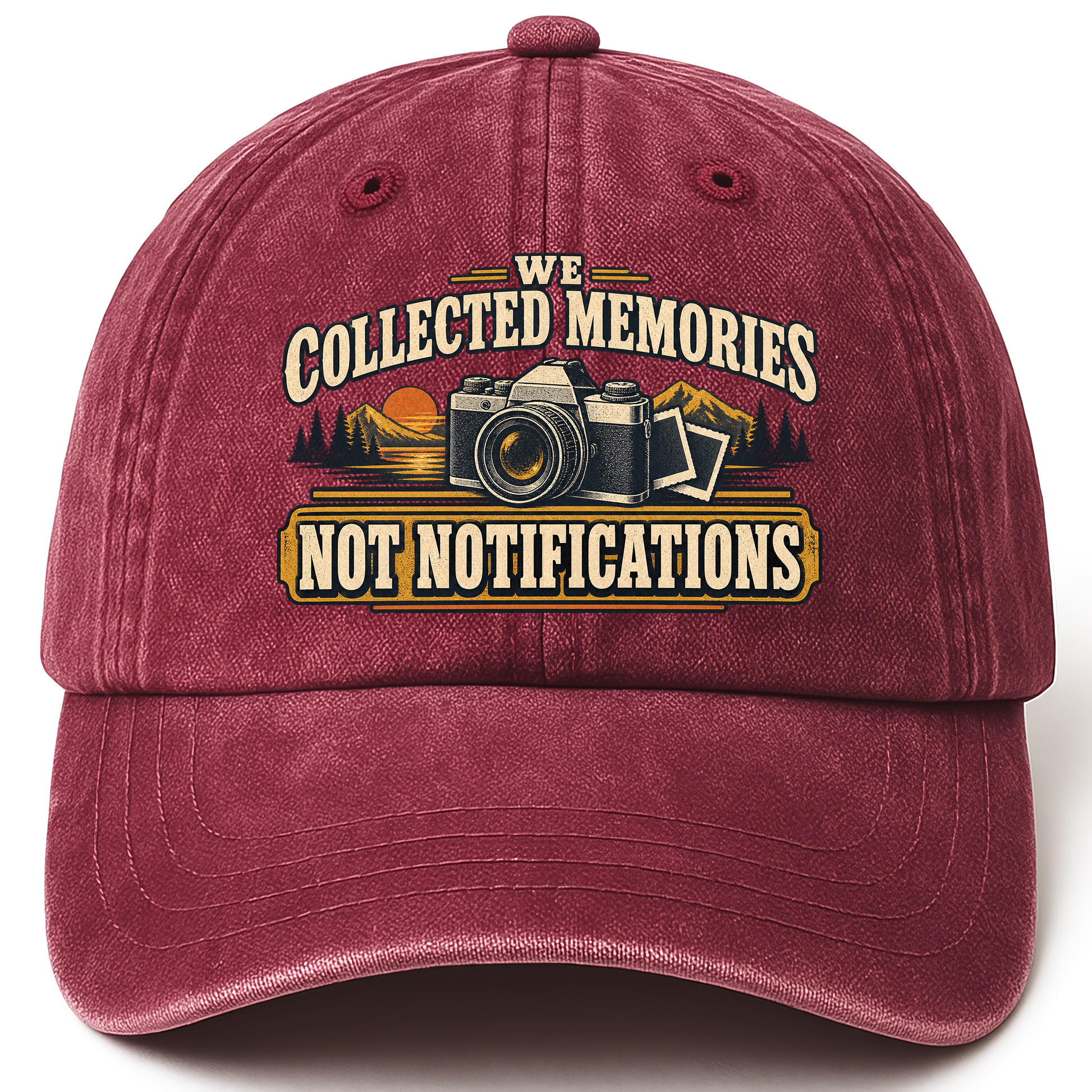 Wine Red vintage washed cap with We Collected Memories Not Notifications printed front design