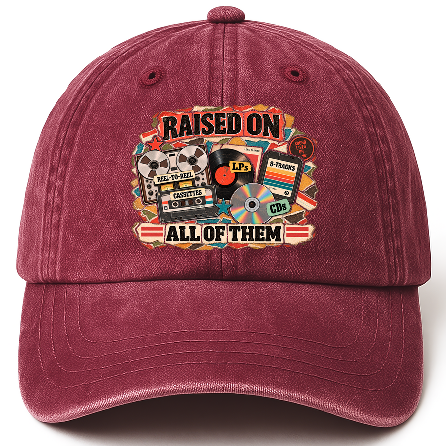 Wine Red vintage washed cap with Raised On All Of Them printed front design
