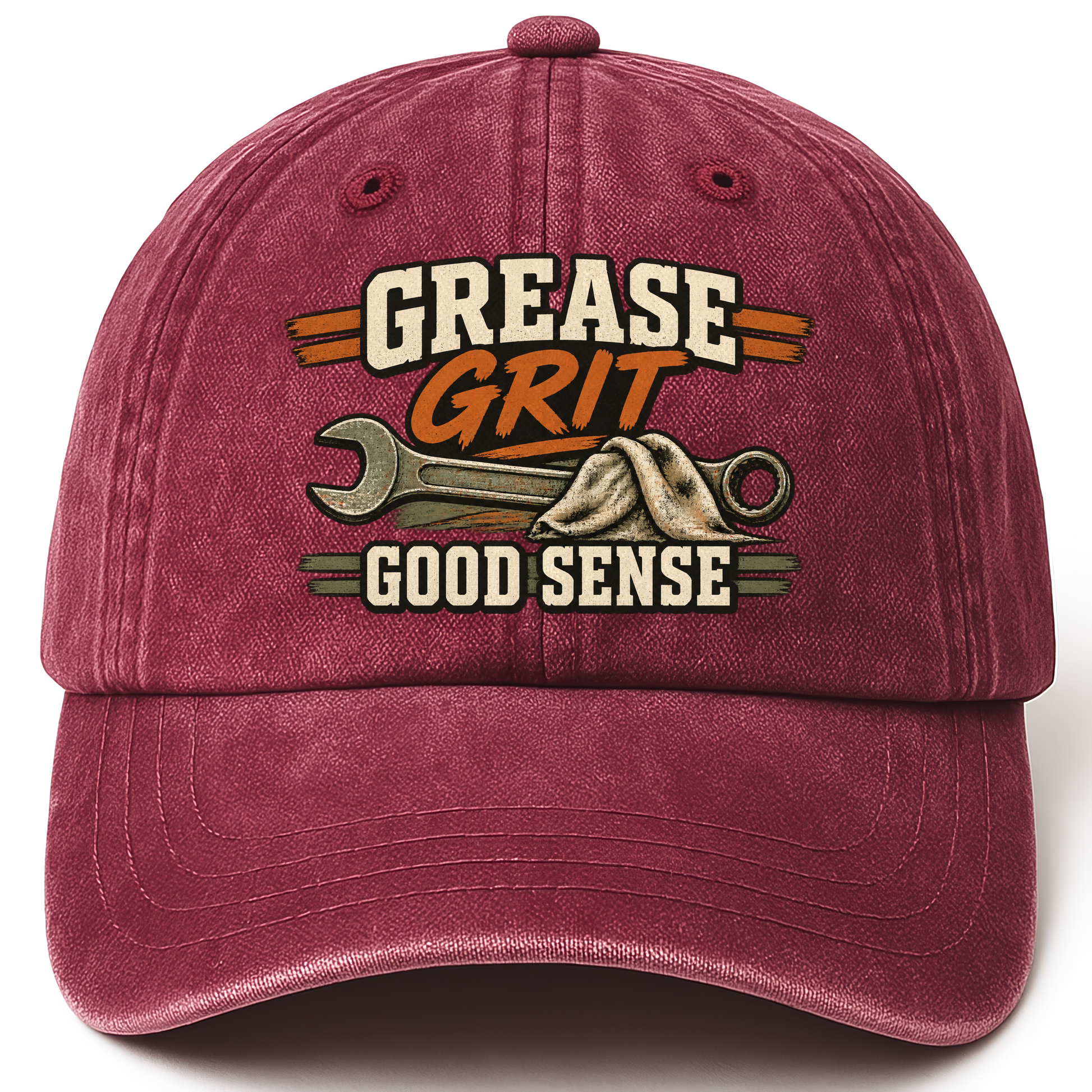 Wine Red vintage washed cap with Grease Grit Goodsense printed front design