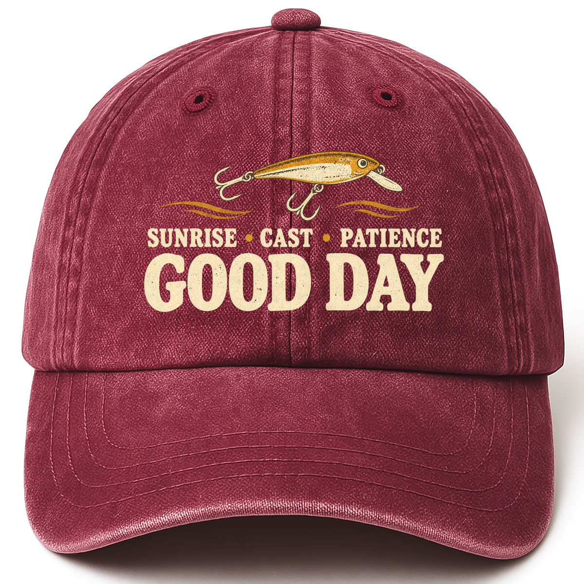 Wine Red vintage washed cap with Sunrise • Cast • Patience. Good Day printed front design
