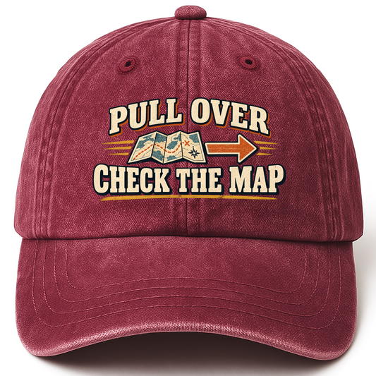 Wine Red vintage washed cap with Pull Over. Check The Map printed front design