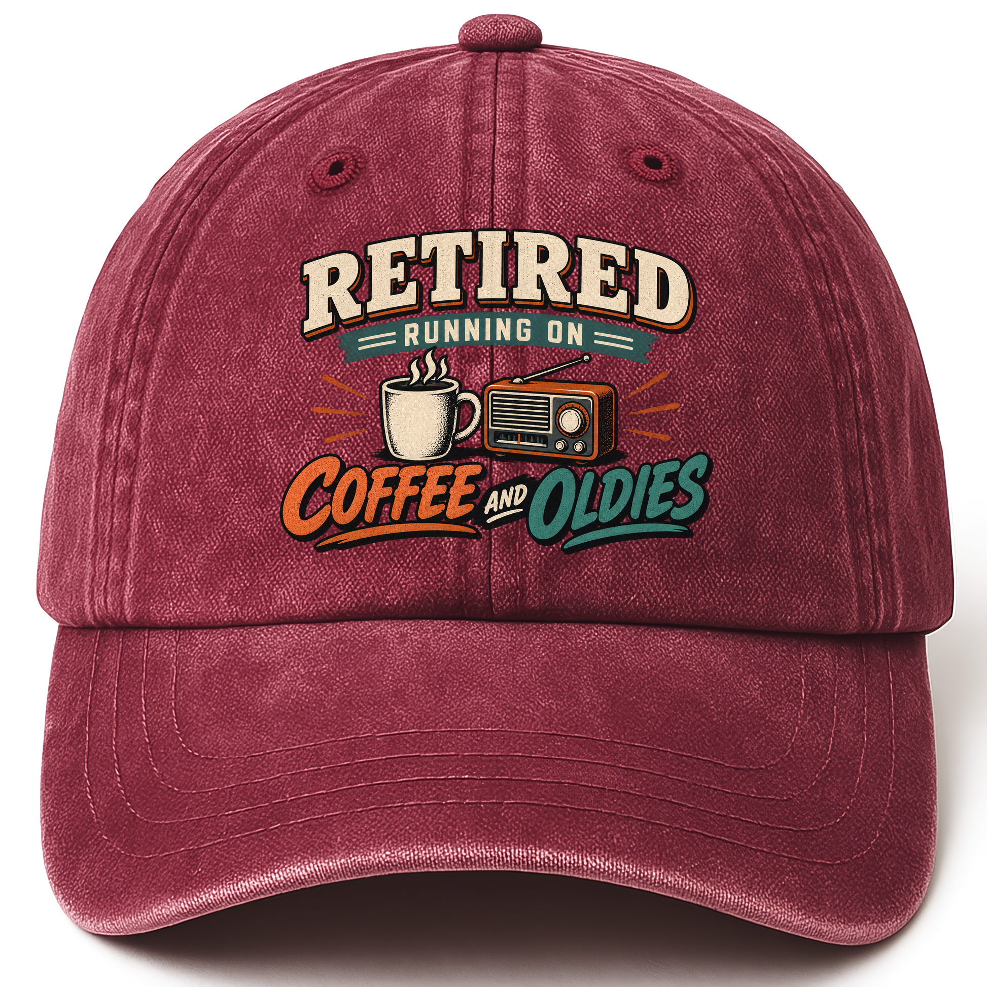 Wine Red vintage washed cap with Retired Running On Coffee And Oldies printed front design