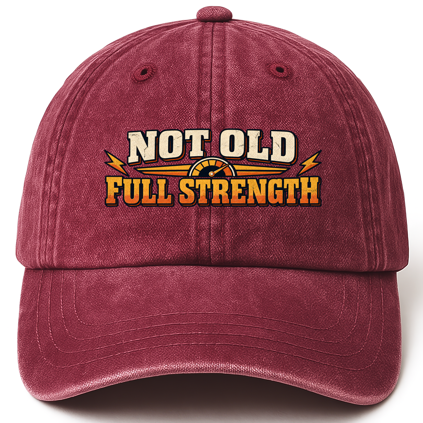 Wine Red vintage washed cap with Not Old. Full Strength printed front design