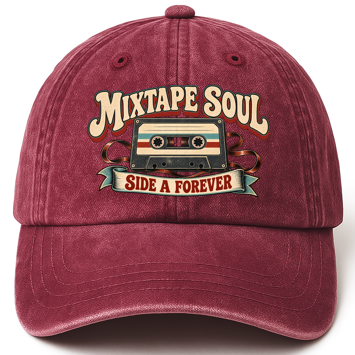 Wine Red vintage washed cap with Mixtape Soul Side A Forever printed front design
