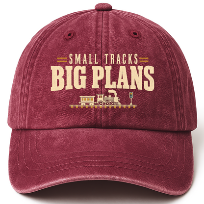 Wine Red vintage washed cap with Small Tracks Big Plans printed front design