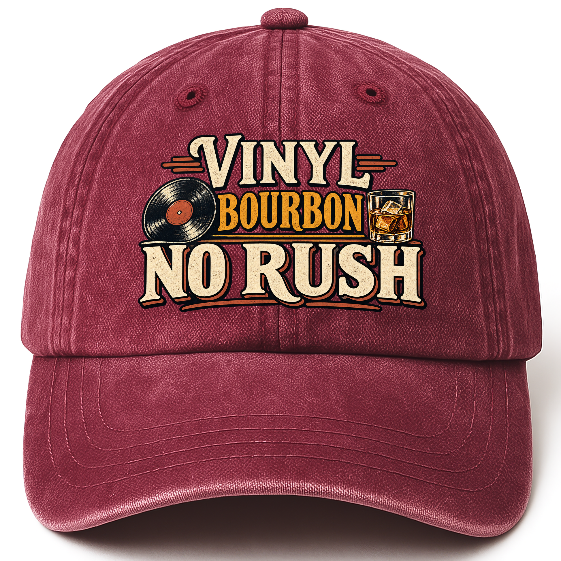 Wine Red vintage washed cap with Vinyl Bourbon. No Rush printed front design