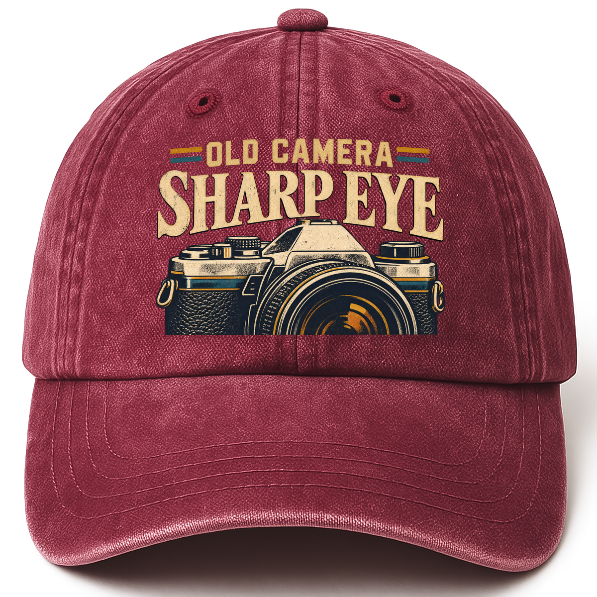 Wine Red vintage washed cap with Old Camera. Sharp Eye printed front design
