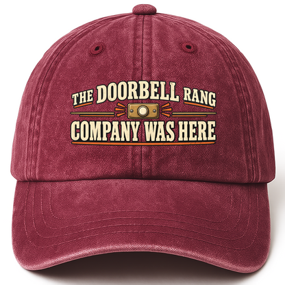 Wine Red vintage washed cap with The Doorbell Rang Company Was Here printed front design