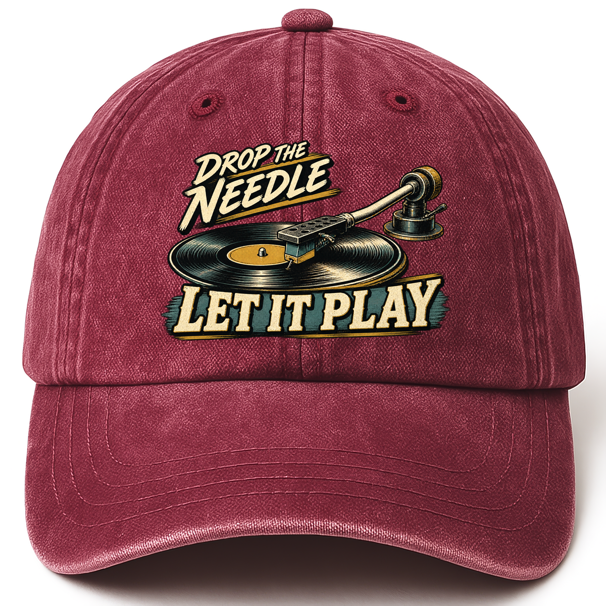 Wine Red vintage washed cap with Drop The Needle. Let It Play printed front design