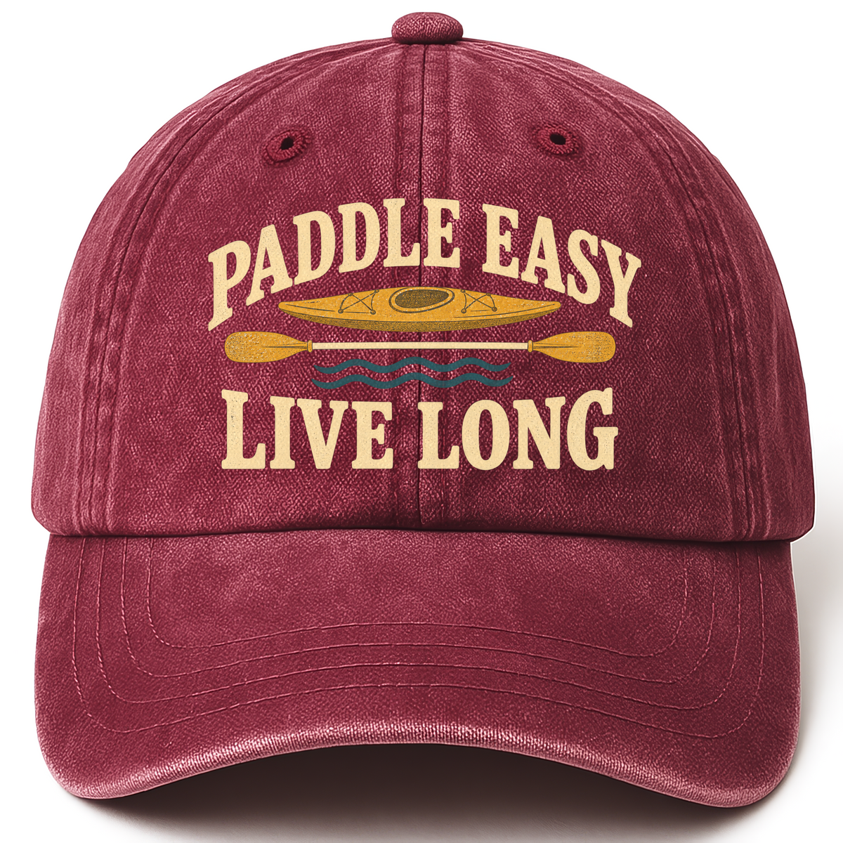 Wine Red vintage washed cap with Paddle Easy Live Long printed front design