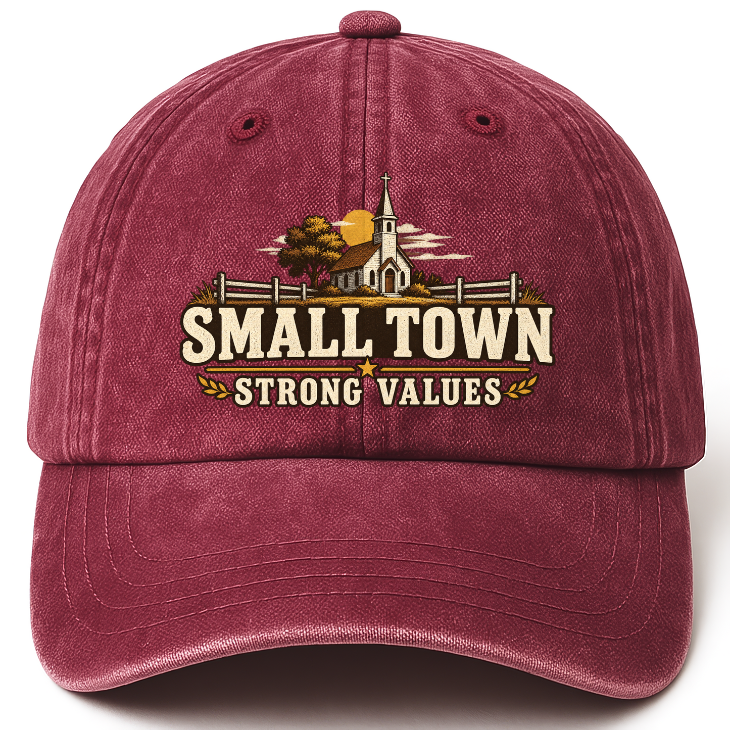 Wine Red vintage washed cap with Small Town Strong Values printed front design