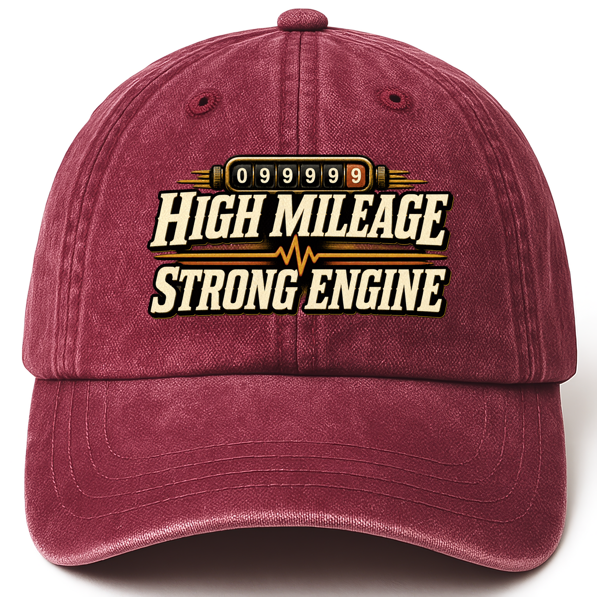 Wine Red vintage washed cap with High Mileage Strong Engine printed front design
