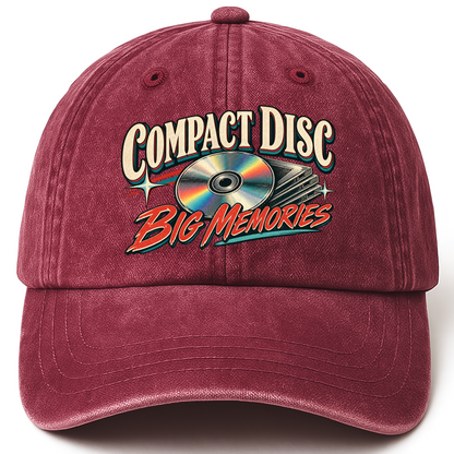 Wine Red vintage washed cap with Compact Disc Big Memories printed front design