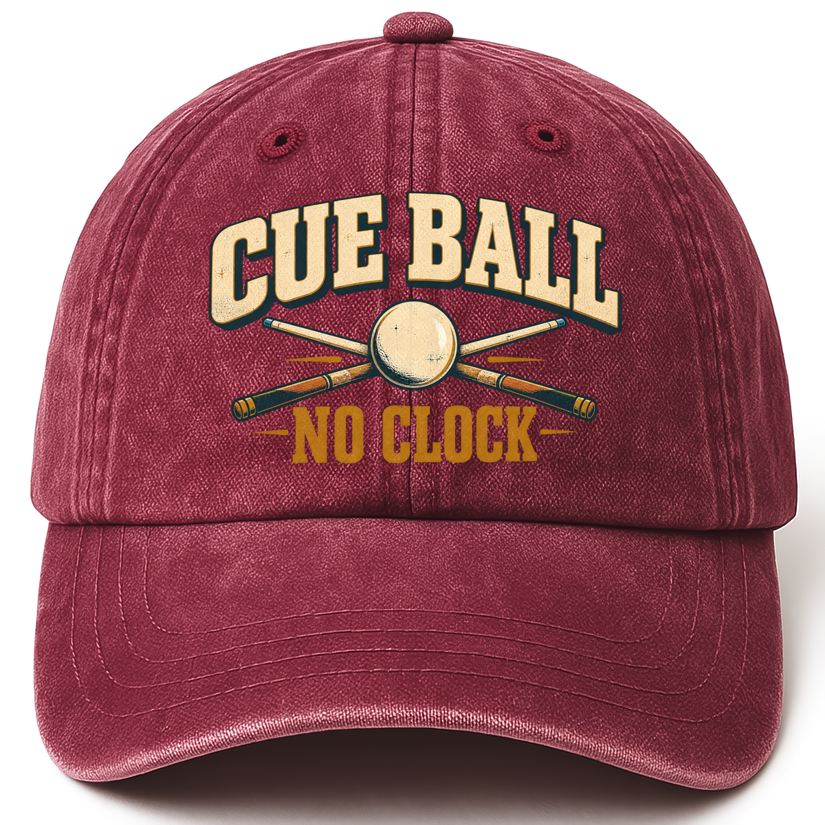 Wine Red vintage washed cap with Cue Ball No Clock printed front design