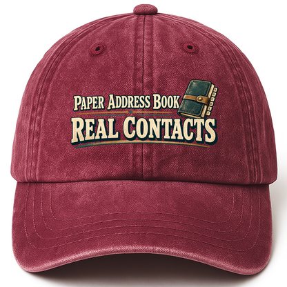 Wine Red vintage washed cap with Paper Address Book. Real Contacts printed front design