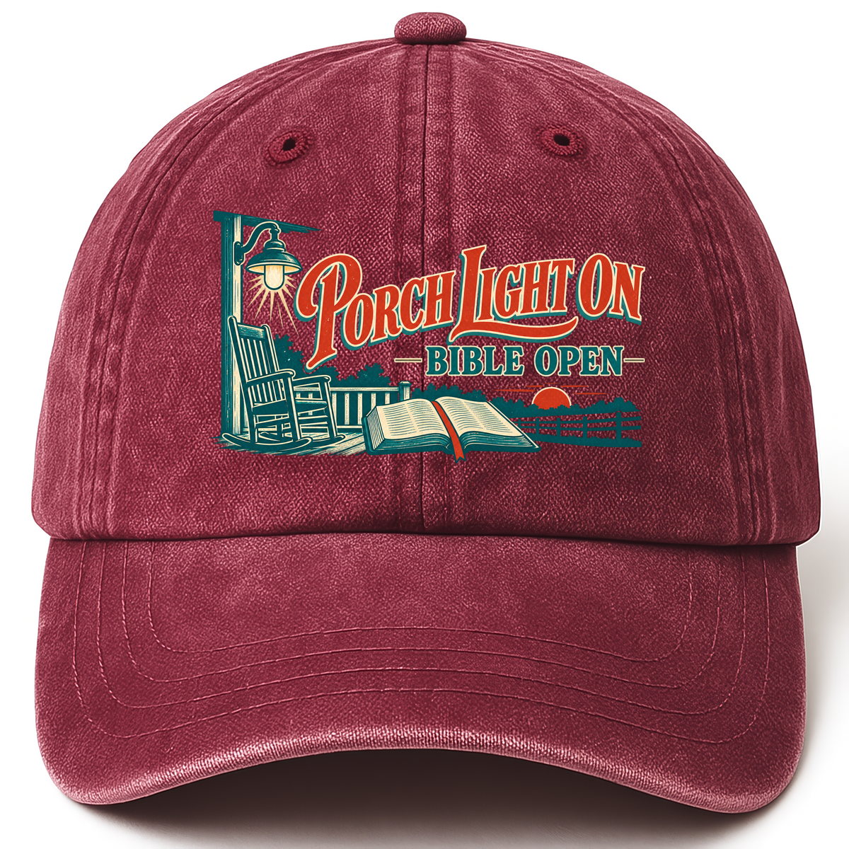 Wine Red vintage washed cap with Porch Light On Bible Open printed front design