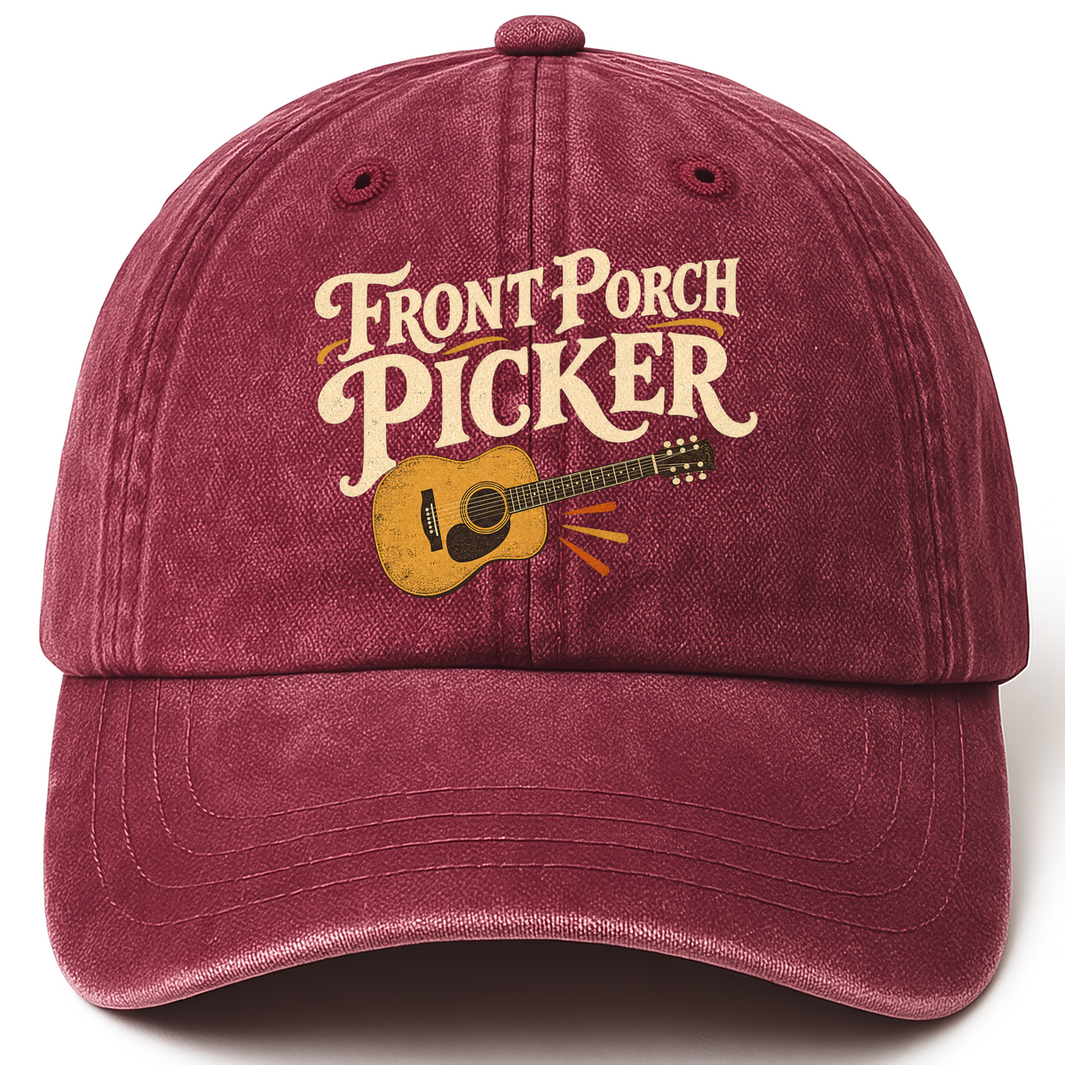 Wine Red vintage washed cap with Front Porch Picker printed front design