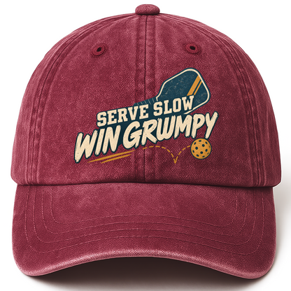 Wine Red vintage washed cap with Serve Slow Win Grumpy printed front design