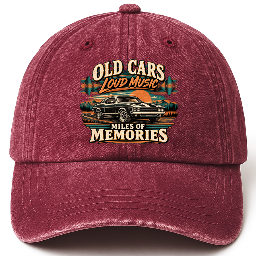 Wine Red vintage washed cap with Old Cars. Loud Music. Miles Of Memories printed front design