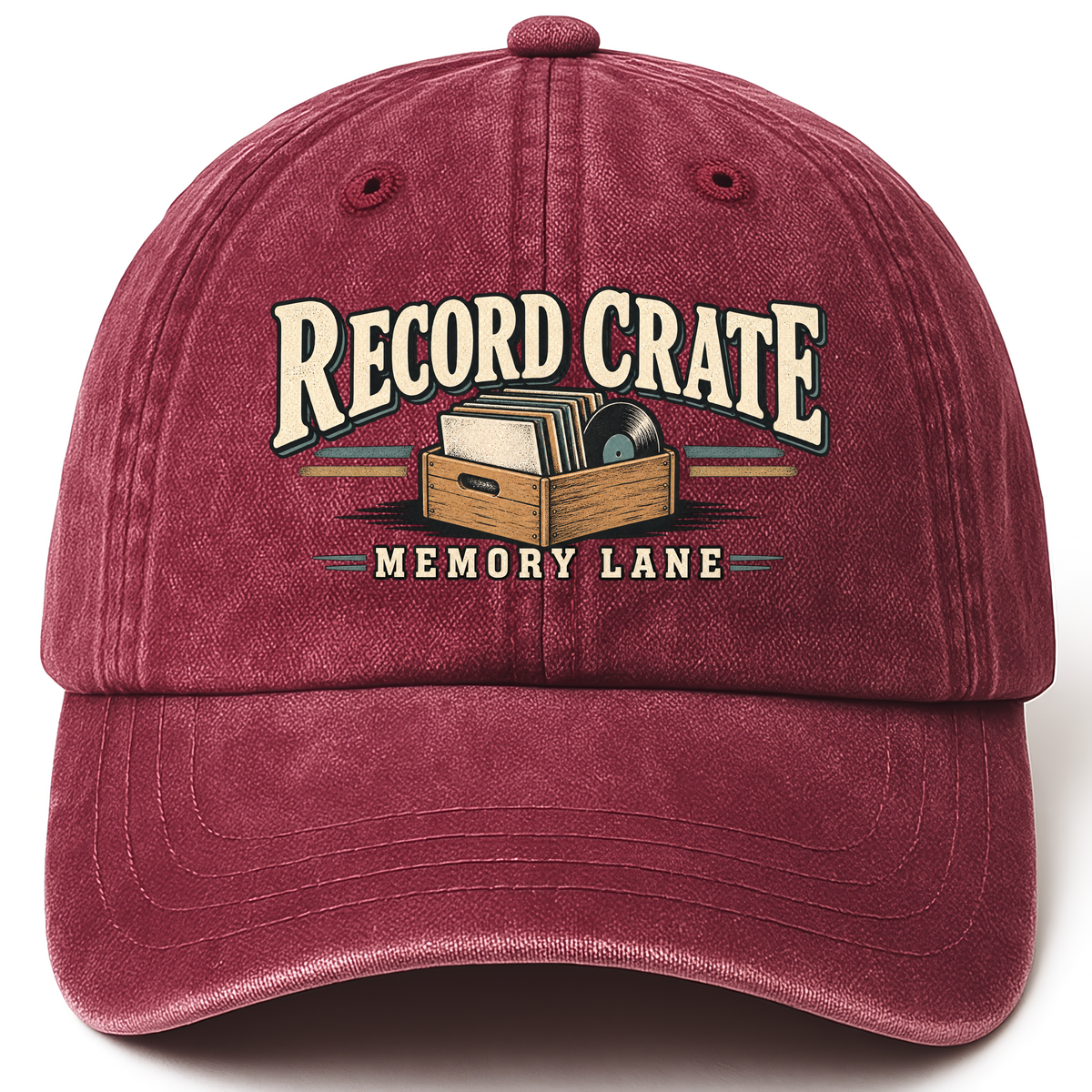 Wine Red vintage washed cap with Record Crate Memory Lane printed front design