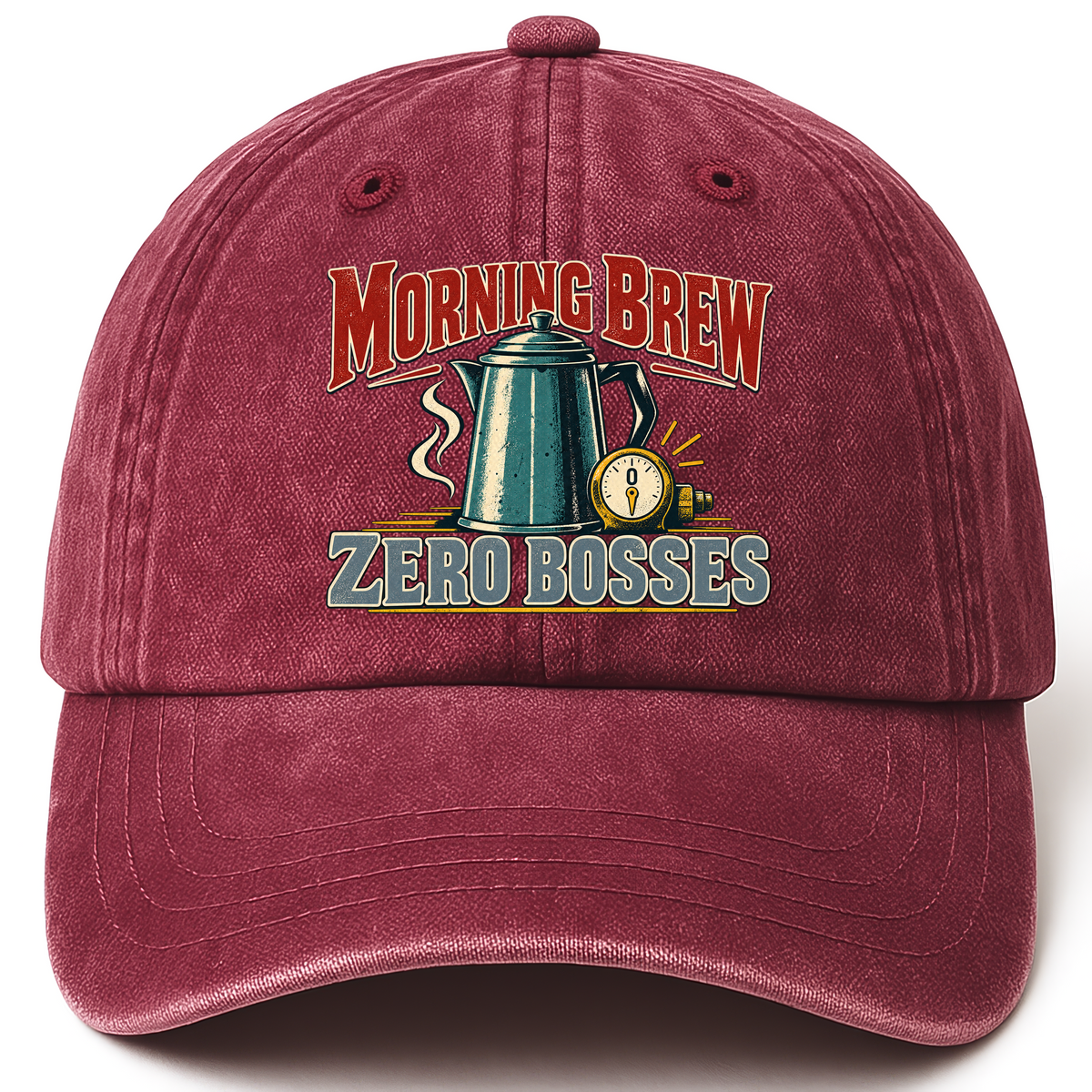 Wine Red vintage washed cap with Morning Brew. Zero Bosses printed front design