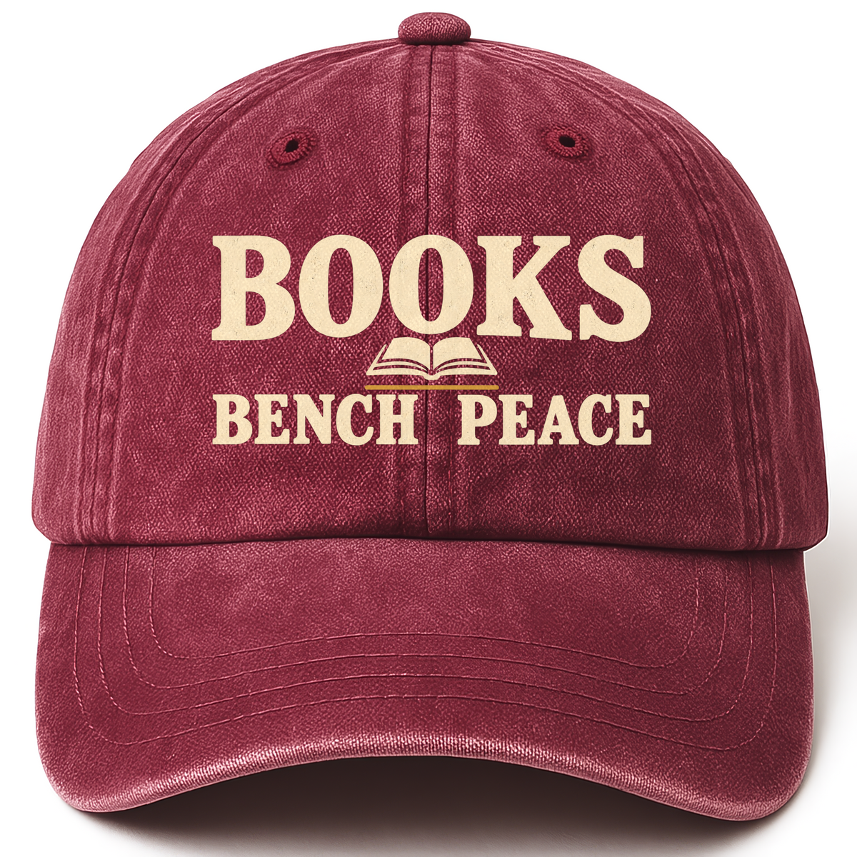 Wine Red vintage washed cap with Books Bench Peace printed front design