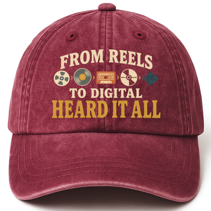 Wine Red vintage washed cap with From Reels To Digital Heard It All printed front design