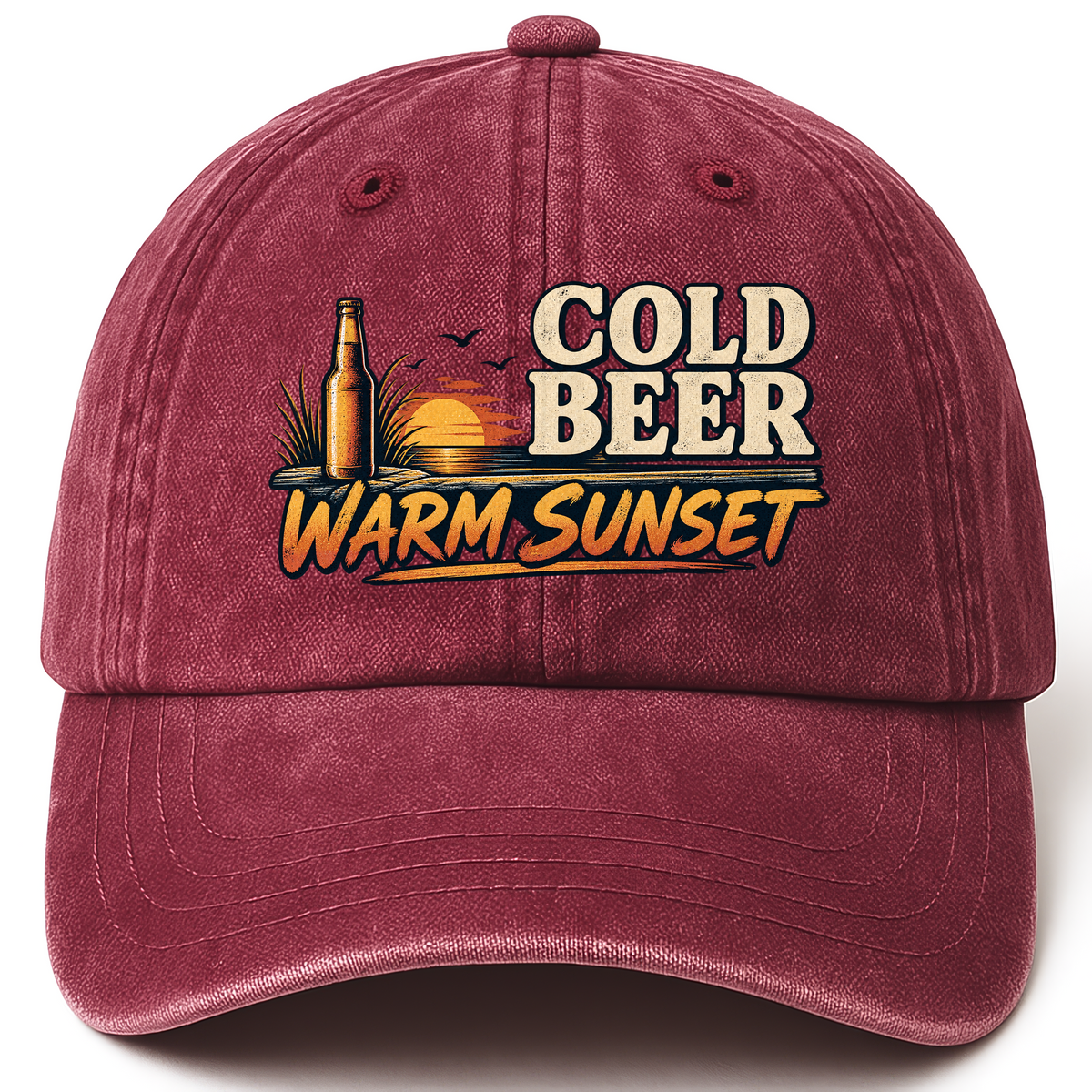 Wine Red vintage washed cap with Cold Beer. Warm Sunset printed front design