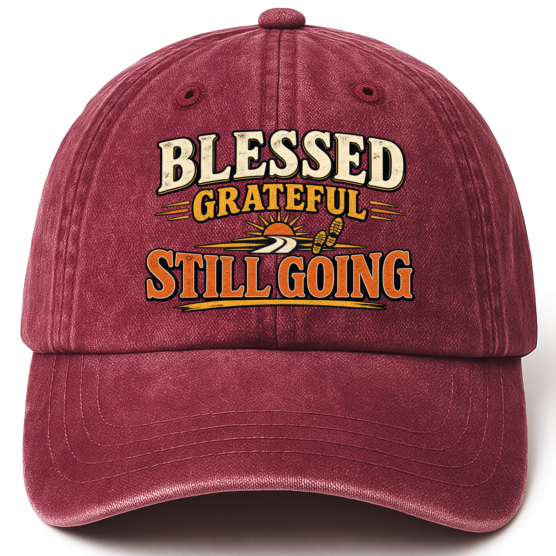 Wine Red vintage washed cap with Blessed Grateful Still Going printed front design