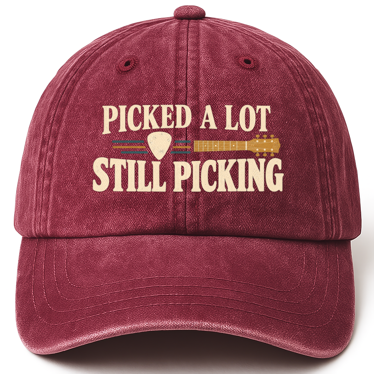 Wine Red vintage washed cap with Picked A Lot Still Picking printed front design