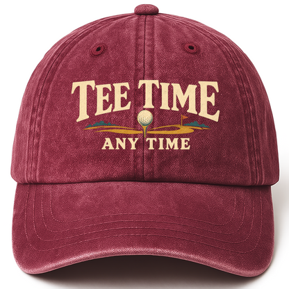 Wine Red vintage washed cap with Tee Time Anytime printed front design