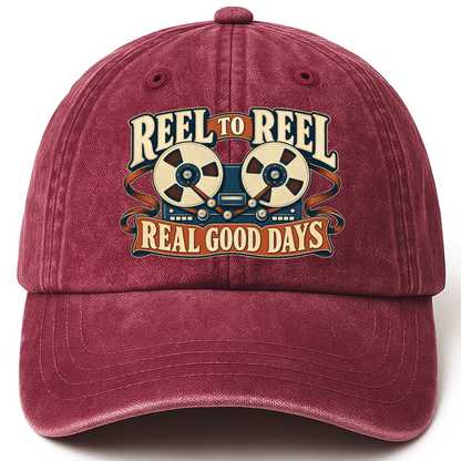 Wine Red vintage washed cap with Reel To Reel Real Good Days printed front design