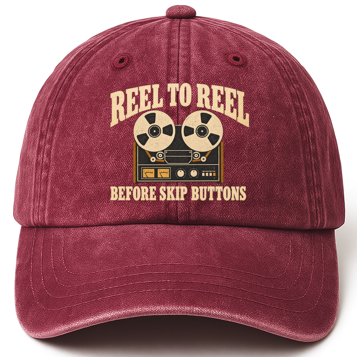 Wine Red vintage washed cap with Reel To Reel Before Skip Buttons printed front design