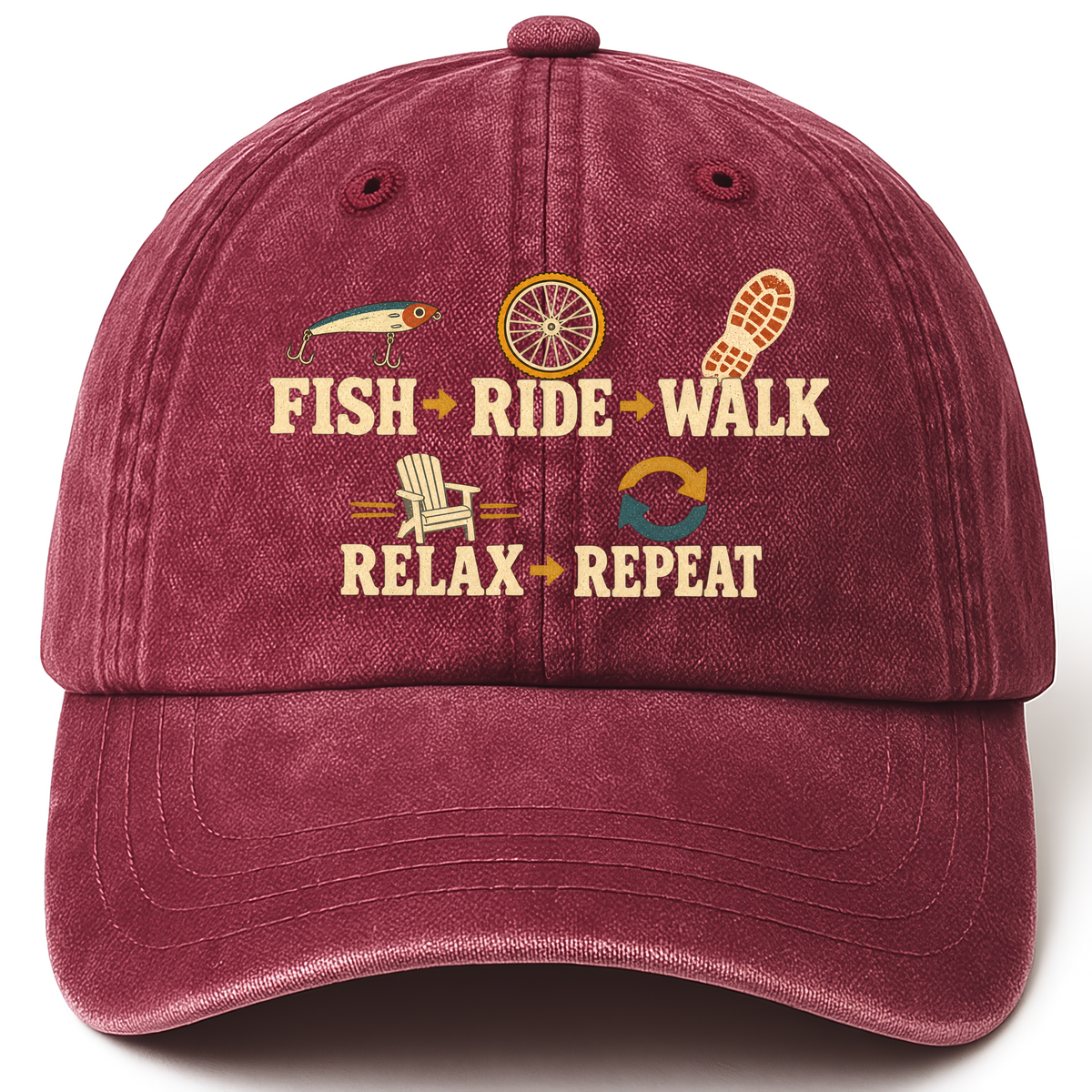 Wine Red vintage washed cap with Fish Ride Walk Relax Repeat printed front design