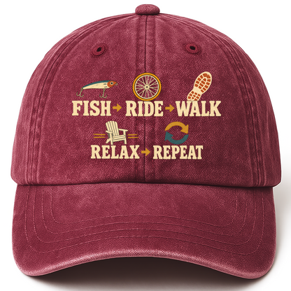 Wine Red vintage washed cap with Fish Ride Walk Relax Repeat printed front design