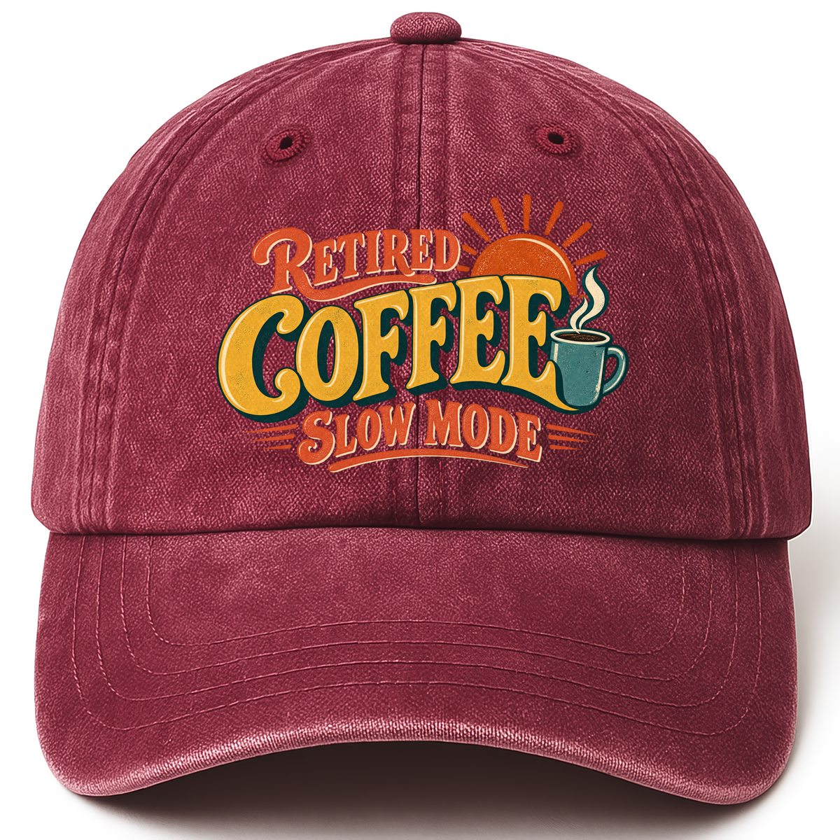 Wine Red vintage washed cap with Retired Coffee Slow Mode printed front design