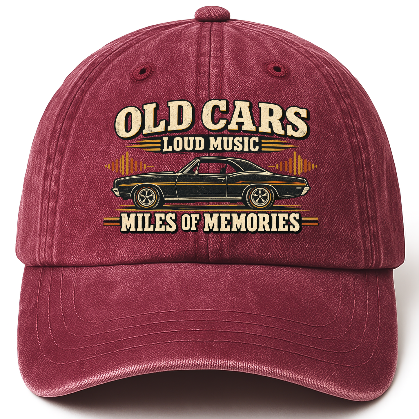 Wine Red vintage washed cap with 35 old cars loud music miles of memories ideogram 4x TRIM pad80 printed front design