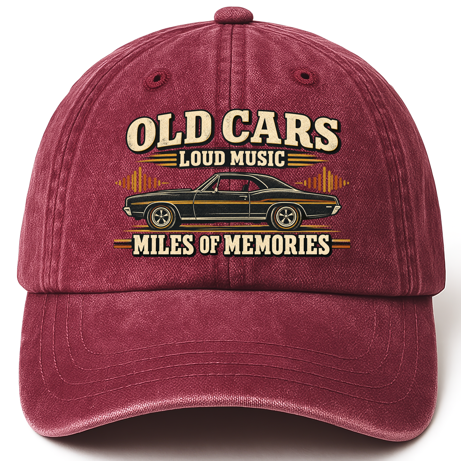 Wine Red vintage washed cap with 35 old cars loud music miles of memories ideogram 4x TRIM pad80 printed front design