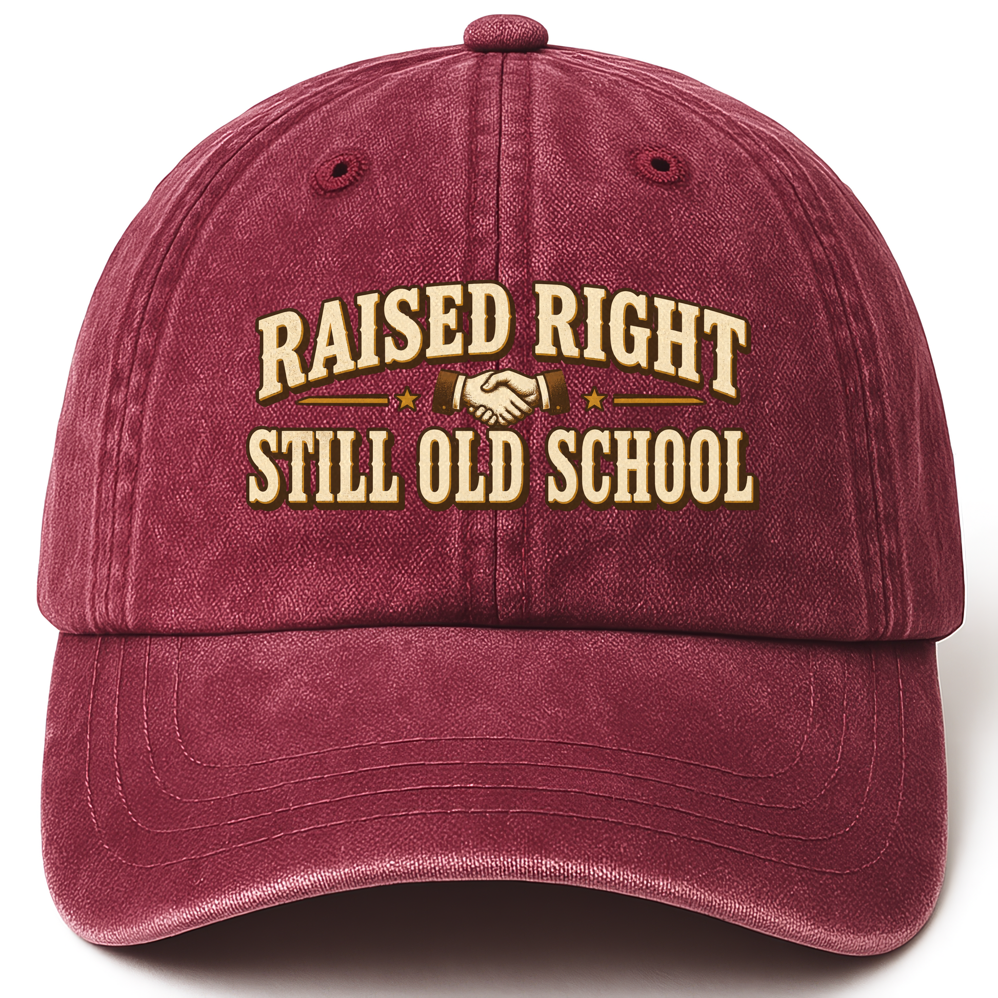 Wine Red vintage washed cap with Raised Right Still Old School printed front design