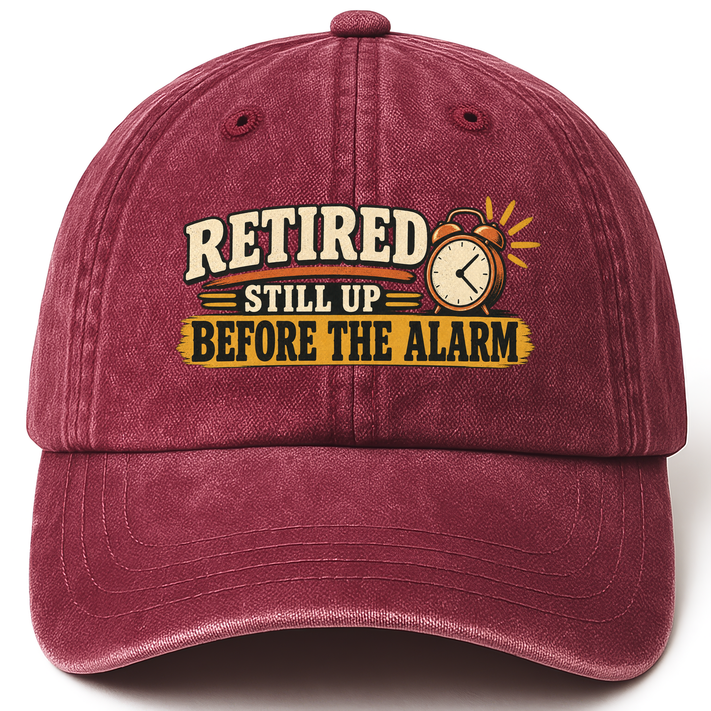 Wine Red vintage washed cap with Retired Still Up Before The Alarm printed front design